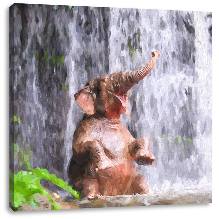 East Urban Home Baby Elephant at Waterfall Art Print on Canvas